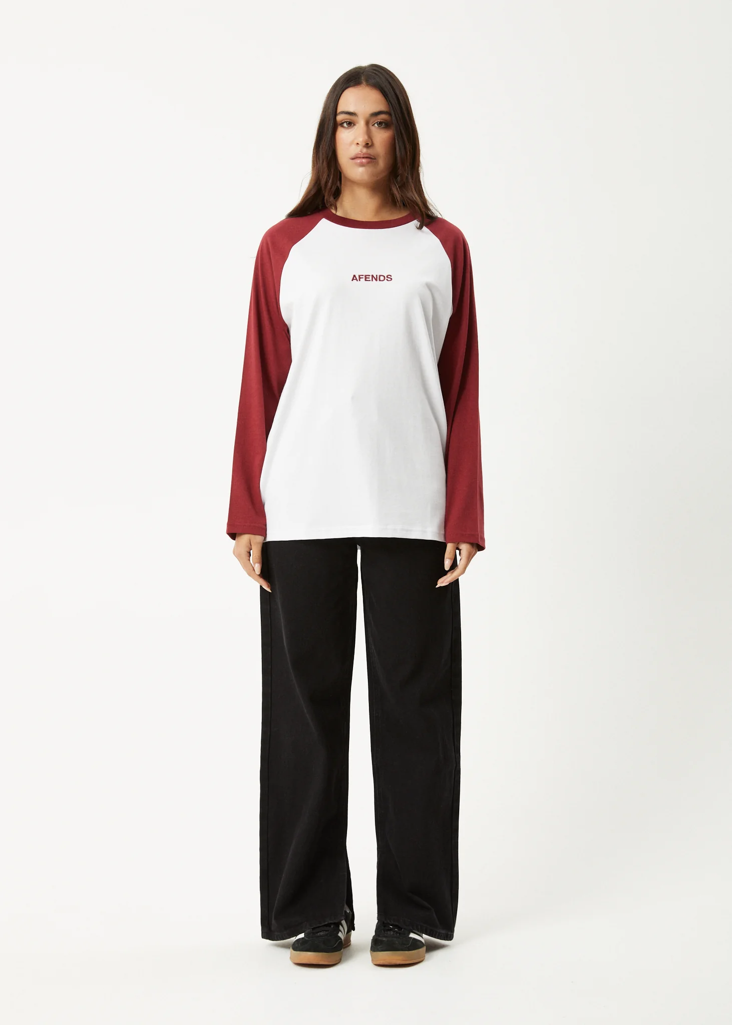 AFENDS Womens Ryan -  Oversized Long Sleeve Raglan Tee - Burgundy - Image 6