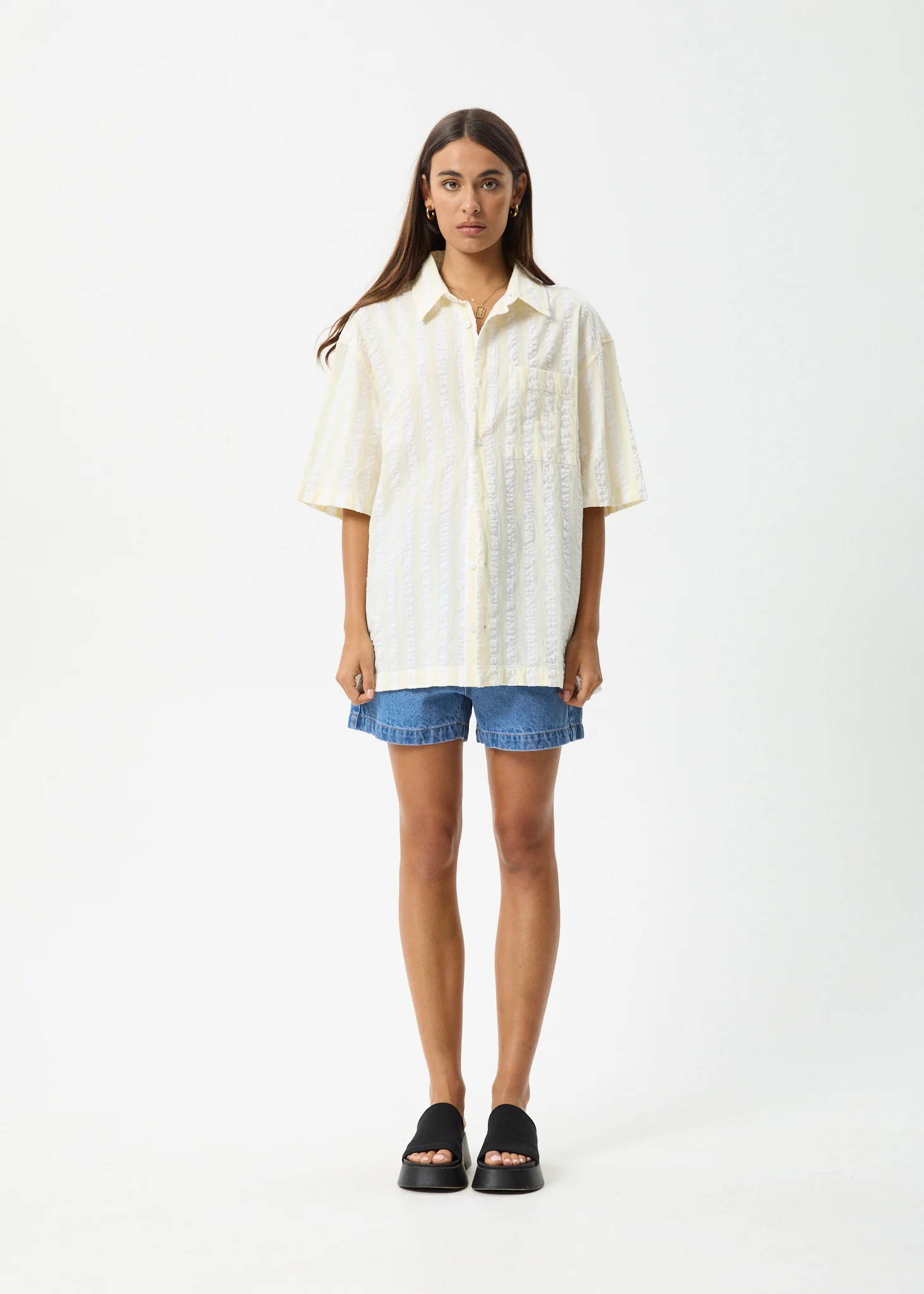 AFENDS Womens Splice - Seersucker Short Sleeve Shirt - White / Lemongrass - Image 7
